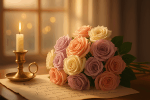Bouquet de roses pastel et bougie posés sur une lettre manuscrite, illustration poétique pour un texte d’anniversaire femme.